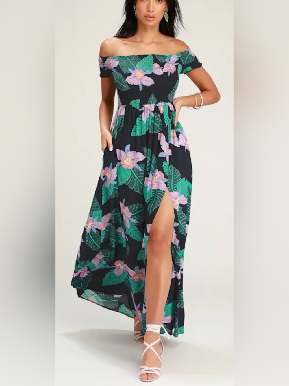 NWT Lulu's Patsy Navy Blue Floral Print Off-the-Shoulder Dress Size L